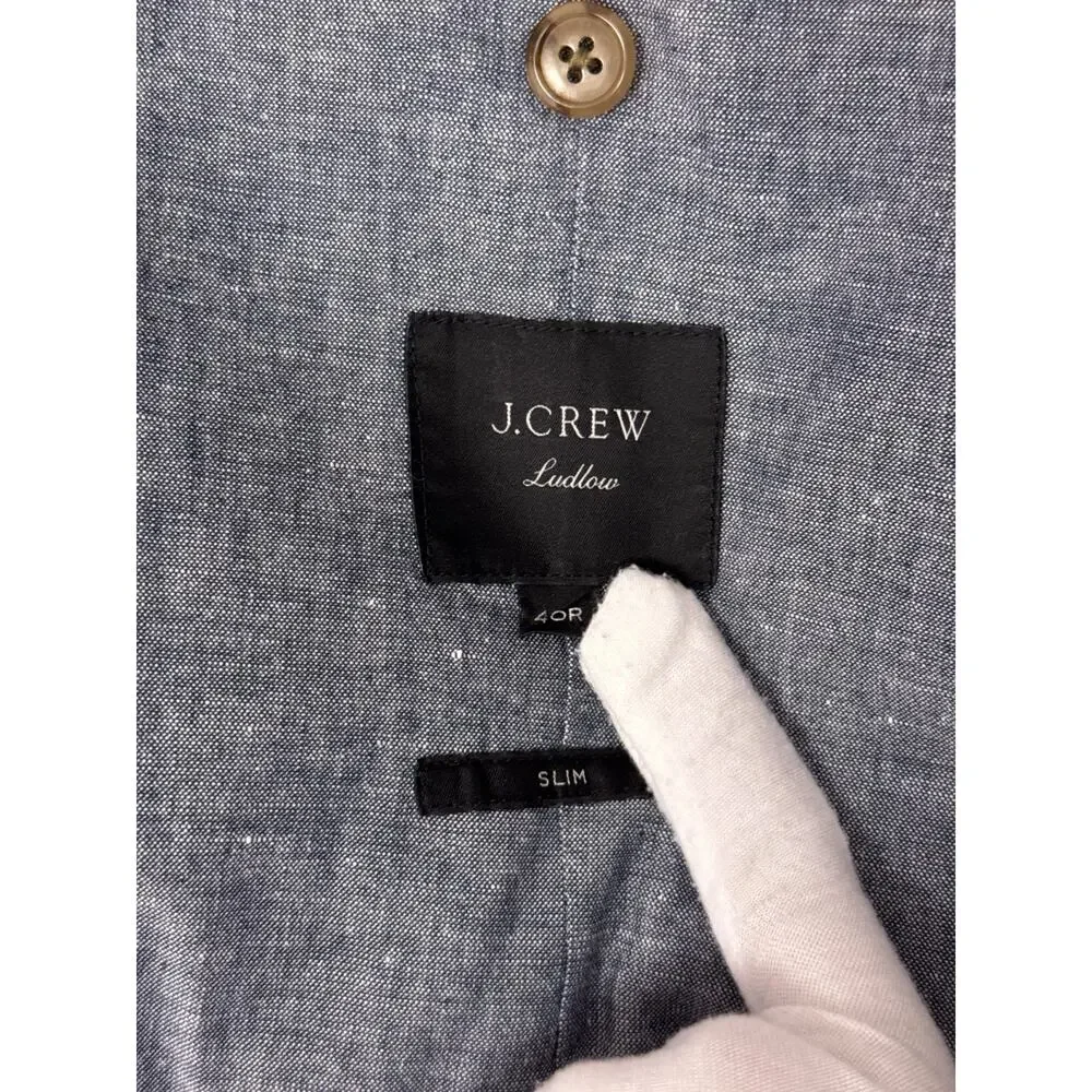 J Crew Ludlow Slim Blazer 40 R Mens Somelos Cotton Linen Blue Chambray Jacket